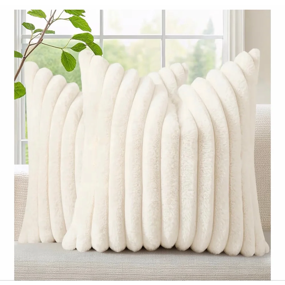 NEW Cream Cozy Faux Fur Throw Pillow Covers 24” Set of 2 Plush Striped